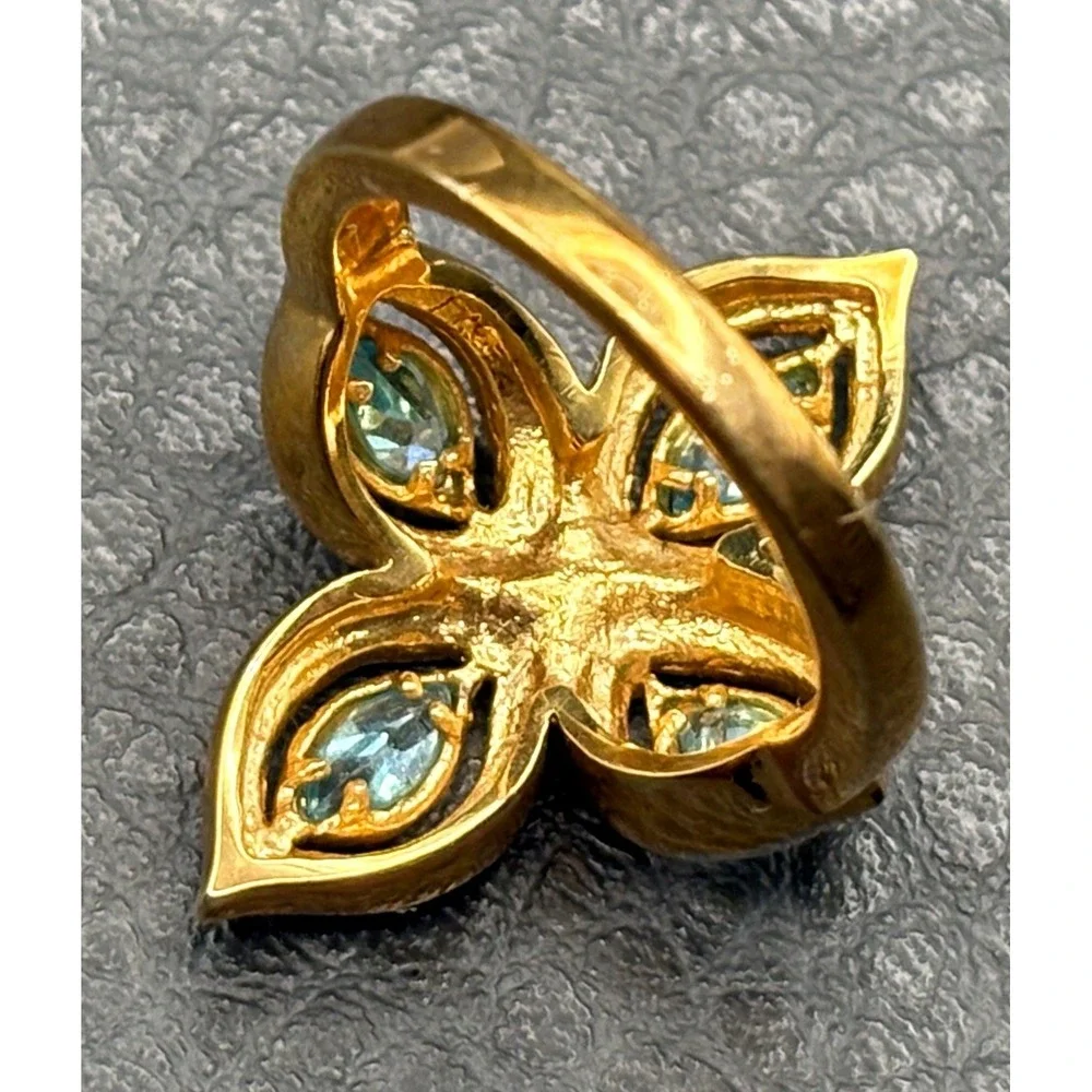 Gorgeous Blue Stone Marquise Cross Statement Ring Gold Tone Size 6